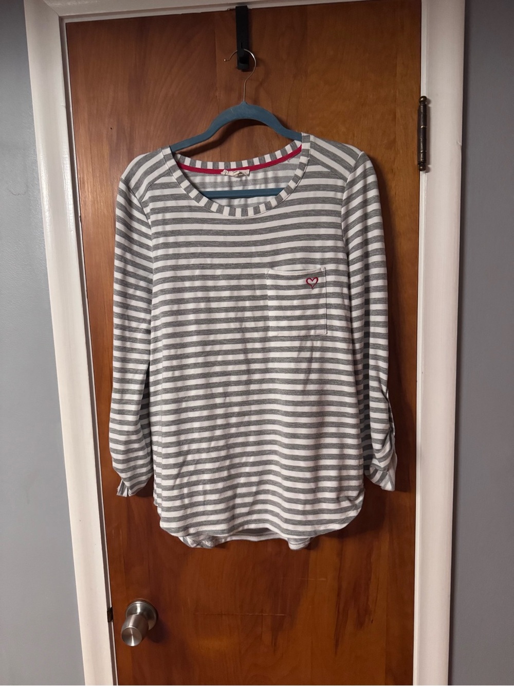 Jane and Delancey Gray & White Striped Long Sleeve Top